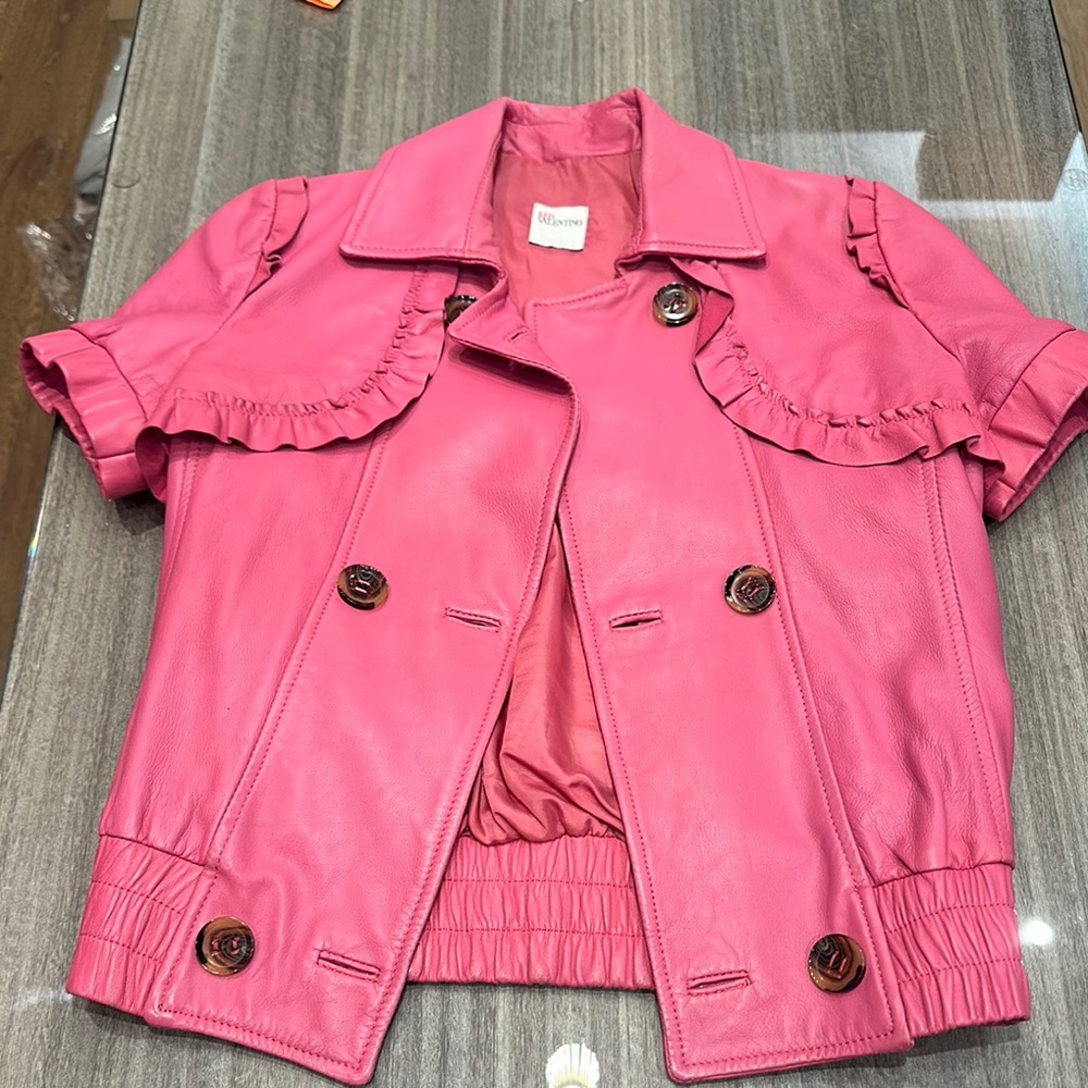 Authentic Valentino Pink leather Jacket with Ruffle Detail